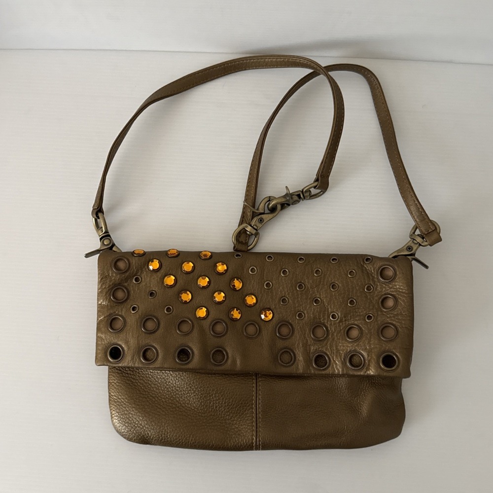 HOBO International Metallic Gold Womens Purse Crossbody‎ Bling Leather Handbag